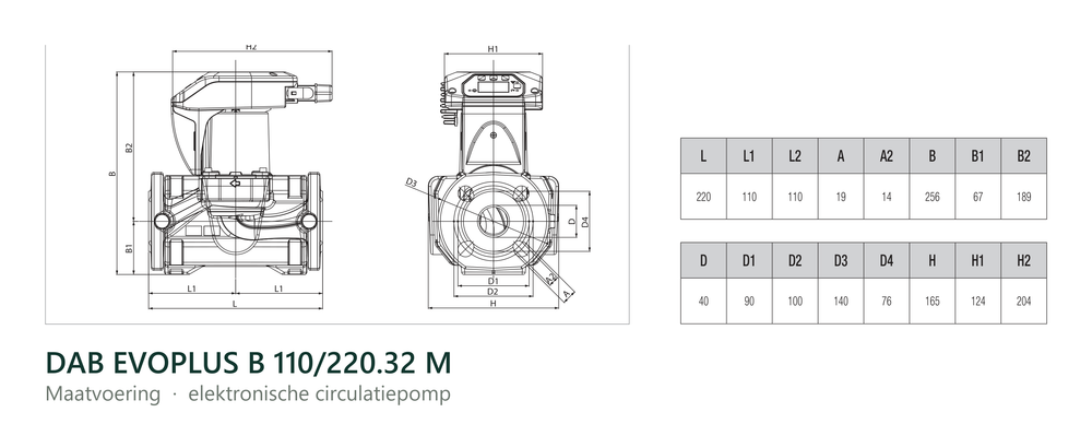 Maatvoering en aansluitmaten van de DAB EVOPLUS B 110/220.32 M