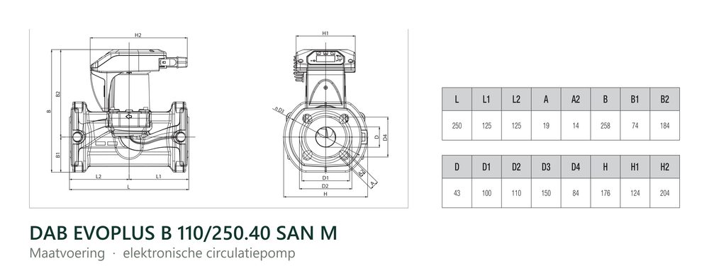 Maatvoering en aansluitmaten van de DAB EVOPLUS B 110/250.40 SAN M