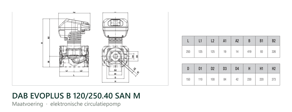 Maatvoering en aansluitmaten van de DAB EVOPLUS B 120/250.40 SAN M