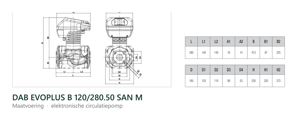 Maatvoering en aansluitmaten van de DAB EVOPLUS B 120/280.50 SAN M