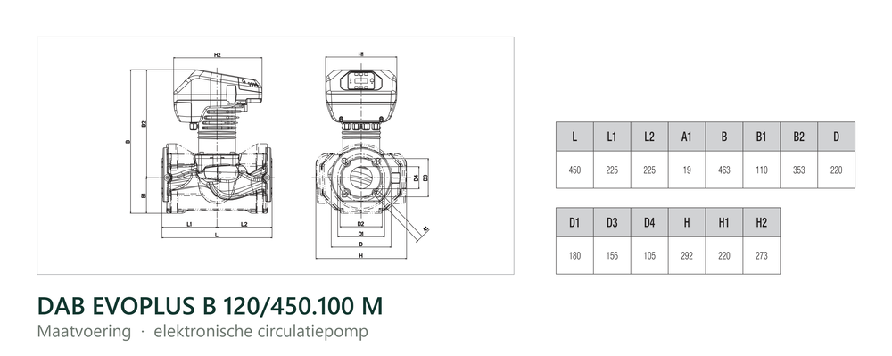 Maatvoering en aansluitmaten van de DAB EVOPLUS B 120/450.100 M