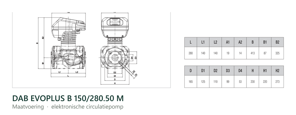 Maatvoering en aansluitmaten van de DAB EVOPLUS B 150/280.50 M