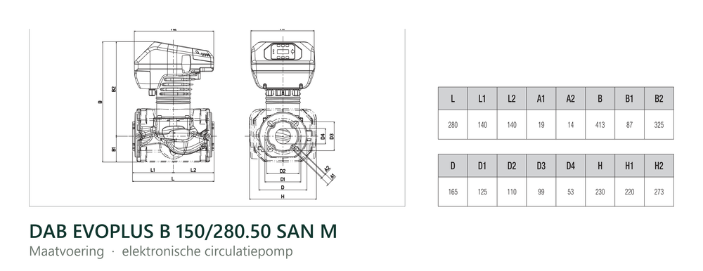 Maatvoering en aansluitmaten van de DAB EVOPLUS B 150/280.50 SAN M