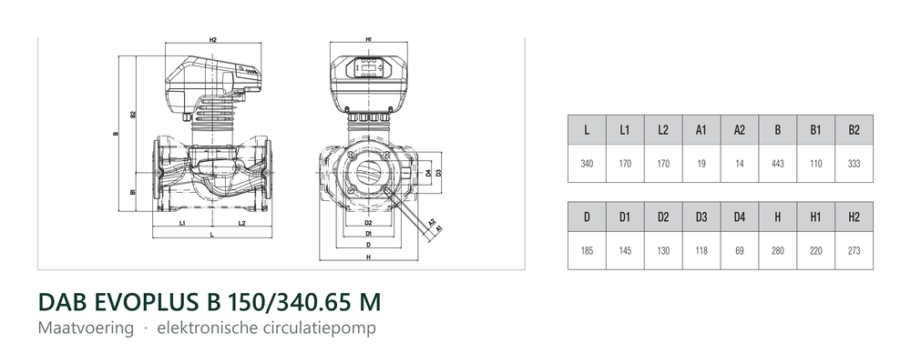Maatvoering en aansluitmaten van de DAB EVOPLUS B 150/340.65 M