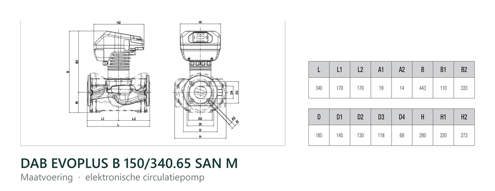 Maatvoering en aansluitmaten van de DAB EVOPLUS B 150/340.65 SAN M