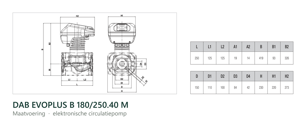 Maatvoering en aansluitmaten van de DAB EVOPLUS B 180/250.40 M