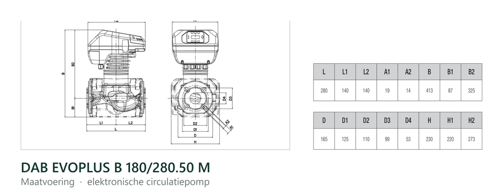 Maatvoering en aansluitmaten van de DAB EVOPLUS B 180/280.50 M