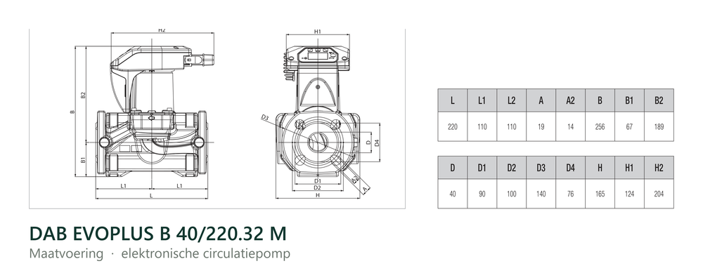 Maatvoering en aansluitmaten van de DAB EVOPLUS B 40/220.32 M