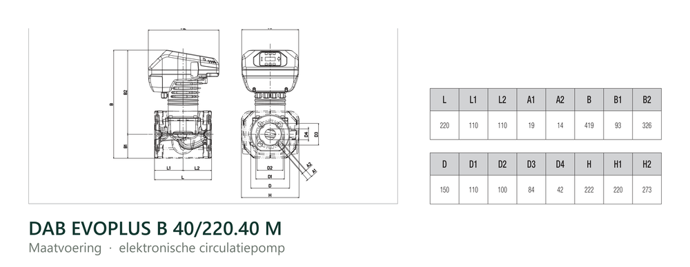 Maatvoering en aansluitmaten van de DAB EVOPLUS B 40/220.40 M