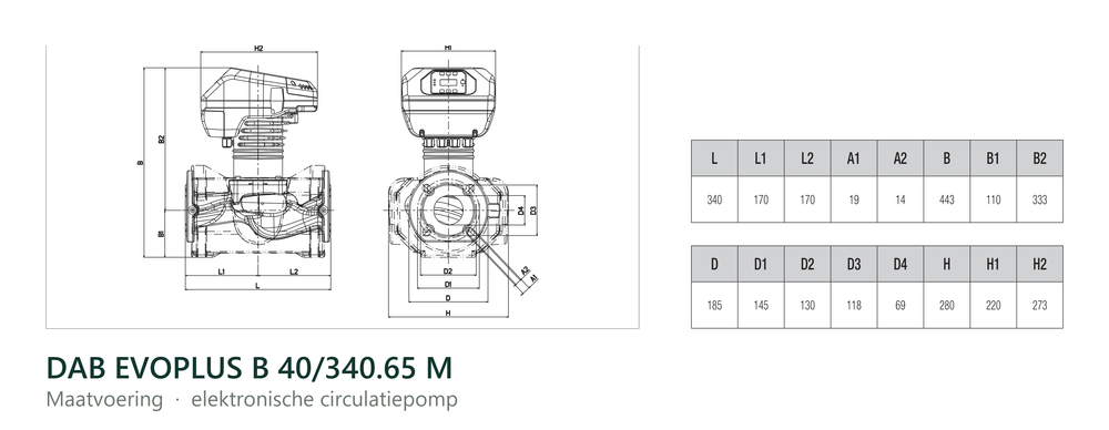 Maatvoering en aansluitmaten van de DAB EVOPLUS B 40/340.65 M