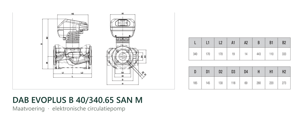 Maatvoering en aansluitmaten van de DAB EVOPLUS B 40/340.65 SAN M