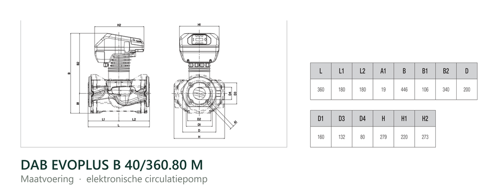 Maatvoering en aansluitmaten van de DAB EVOPLUS B 40/360.80 M