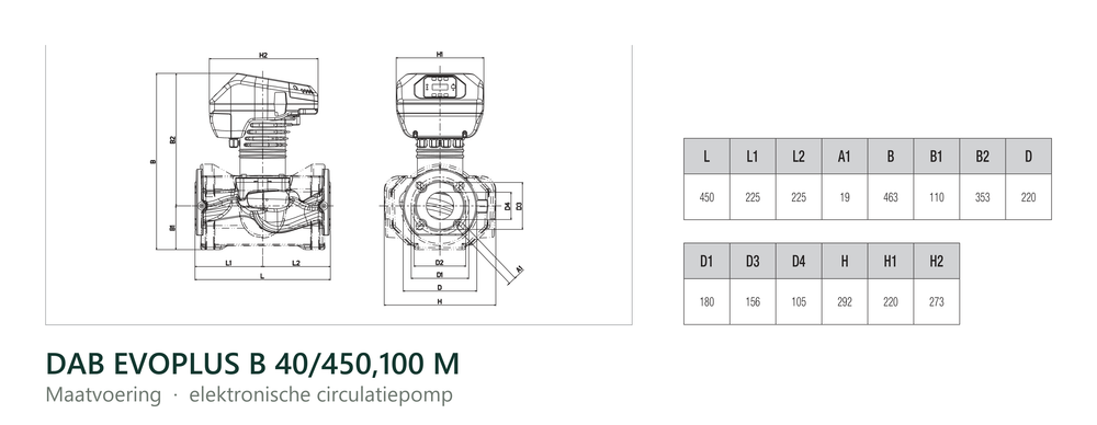 Maatvoering en aansluitmaten van de DAB EVOPLUS B 40/450,100 M