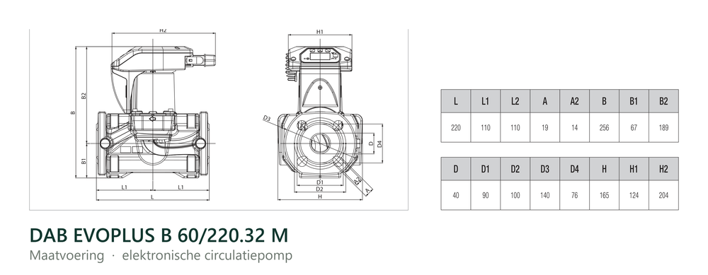 Maatvoering en aansluitmaten van de DAB EVOPLUS B 60/220.32 M