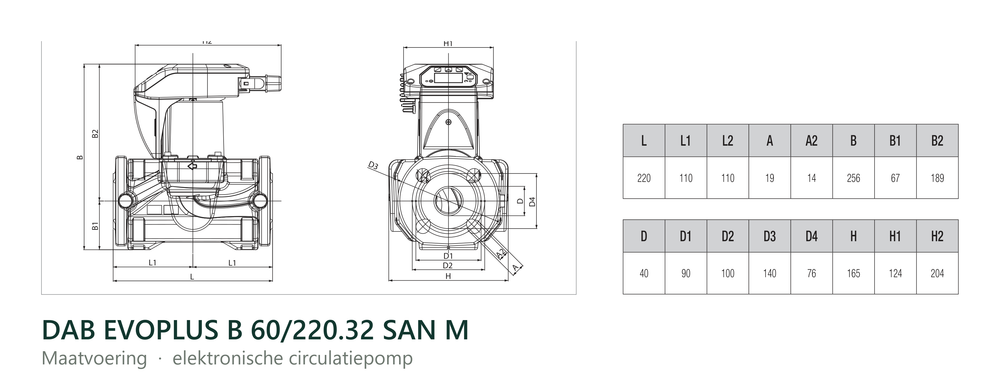 Maatvoering en aansluitmaten van de DAB EVOPLUS B 60/220.32 SAN M