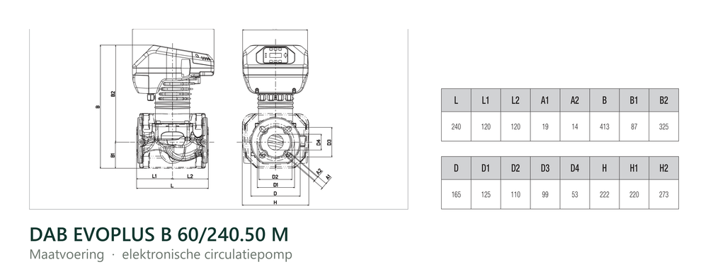 Maatvoering en aansluitmaten van de DAB EVOPLUS B 60/240.50 M