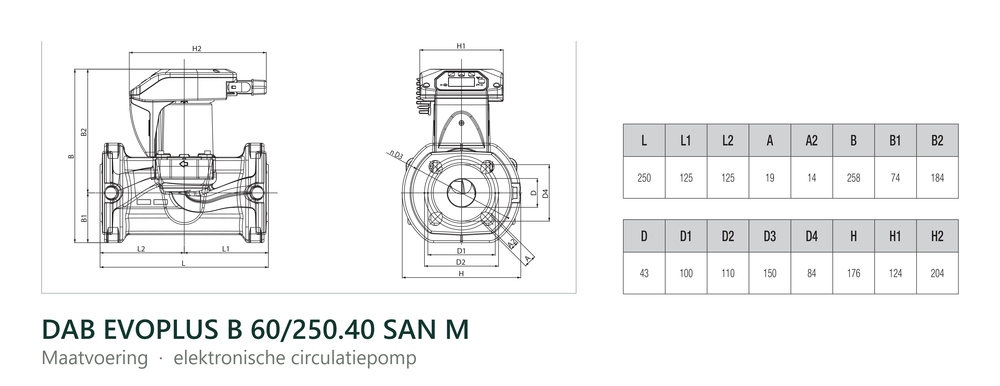 Maatvoering en aansluitmaten van de DAB EVOPLUS B 60/250.40 SAN M