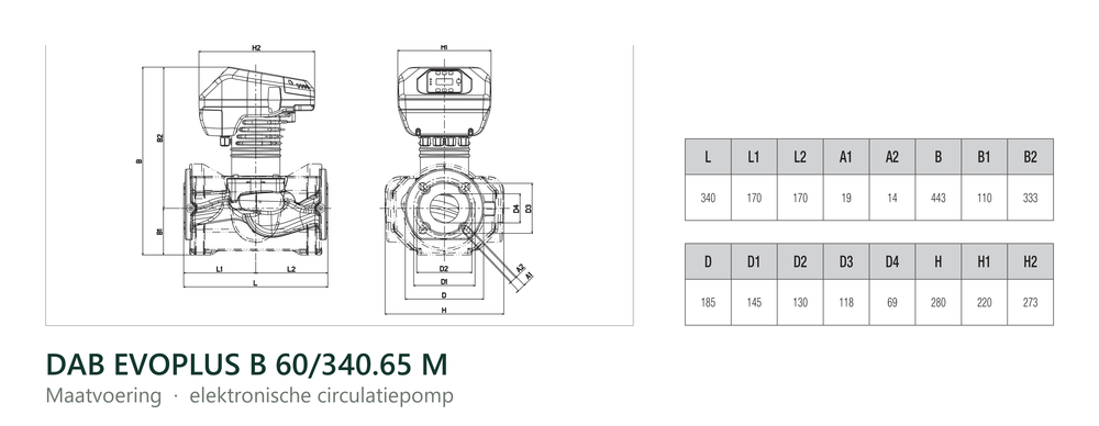 Maatvoering en aansluitmaten van de DAB EVOPLUS B 60/340.65 M