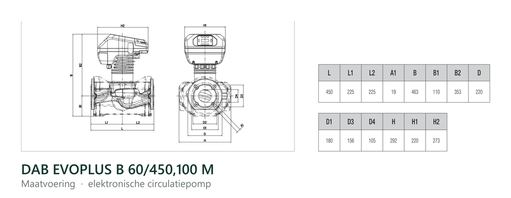 Maatvoering en aansluitmaten van de DAB EVOPLUS B 60/450,100 M