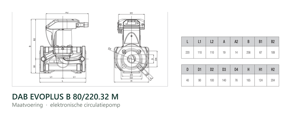 Maatvoering en aansluitmaten van de DAB EVOPLUS B 80/220.32 M