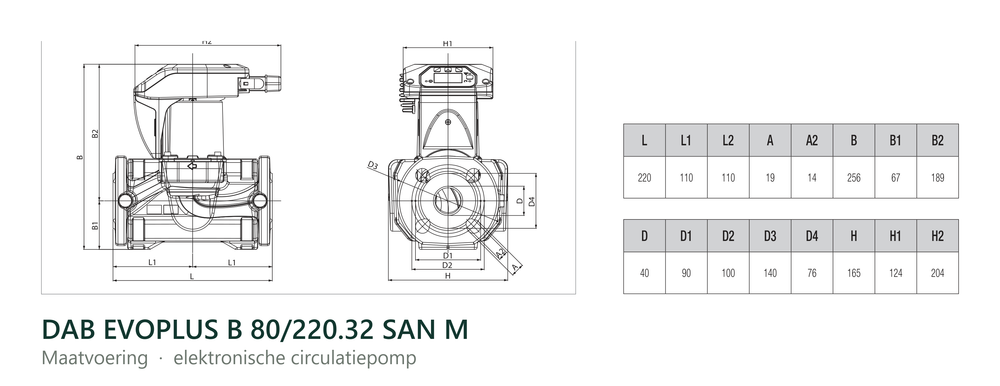Maatvoering en aansluitmaten van de DAB EVOPLUS B 80/220.32 SAN M