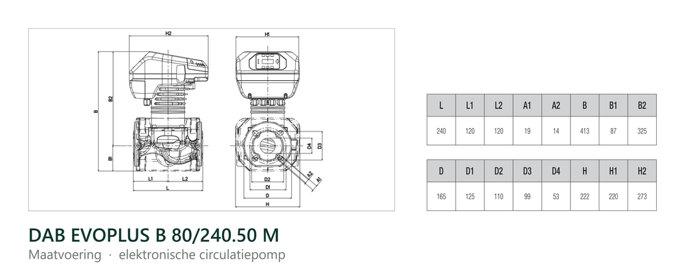 Maatvoering en aansluitmaten van de DAB EVOPLUS B 80/240.50 M