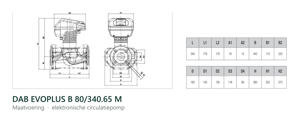 Maatvoering en aansluitmaten van de DAB EVOPLUS B 80/340.65 M