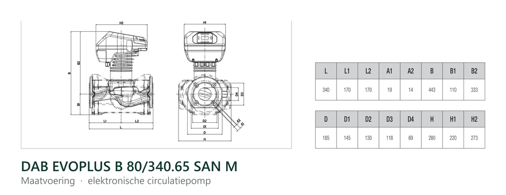 Maatvoering en aansluitmaten van de DAB EVOPLUS B 80/340.65 SAN M