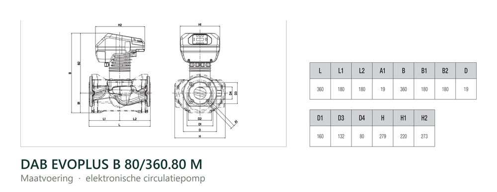 Maatvoering en aansluitmaten van de DAB EVOPLUS B 80/360.80 M