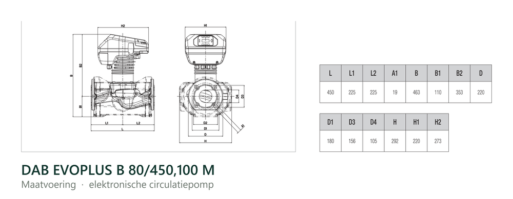 Maatvoering en aansluitmaten van de DAB EVOPLUS B 80/450,100 M