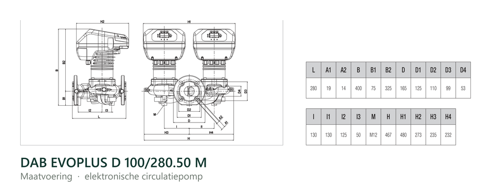 Maatvoering en aansluitmaten van de DAB EVOPLUS D 100/280.50 M