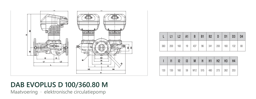 Maatvoering en aansluitmaten van de DAB EVOPLUS D 100/360.80 M