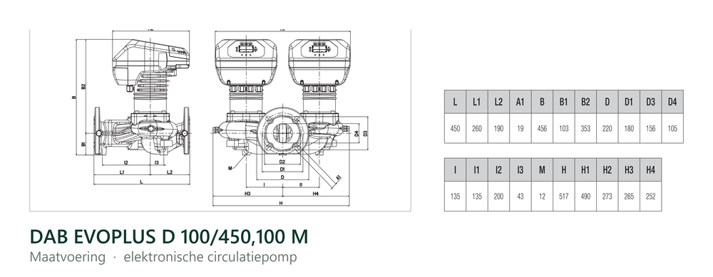 Maatvoering en aansluitmaten van de DAB EVOPLUS D 100/450,100 M