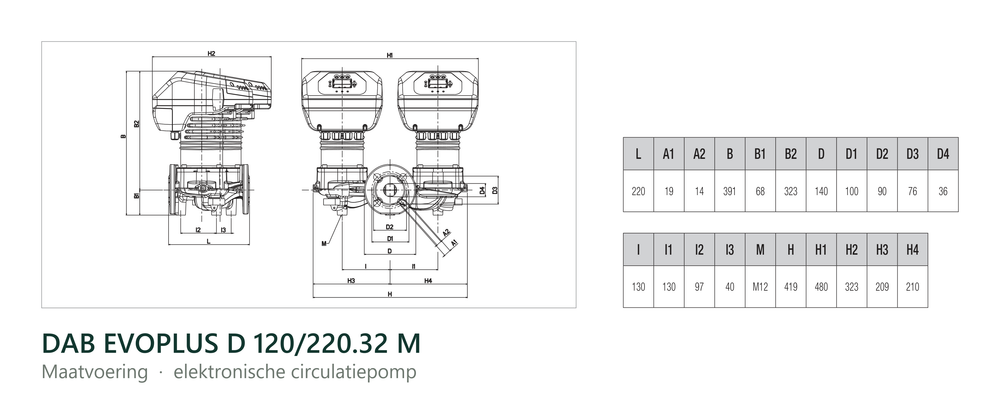 Maatvoering en aansluitmaten van de DAB EVOPLUS D 120/220.32 M