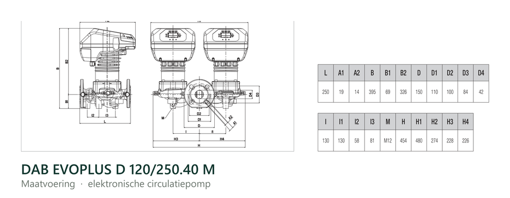 Maatvoering en aansluitmaten van de DAB EVOPLUS D 120/250.40 M