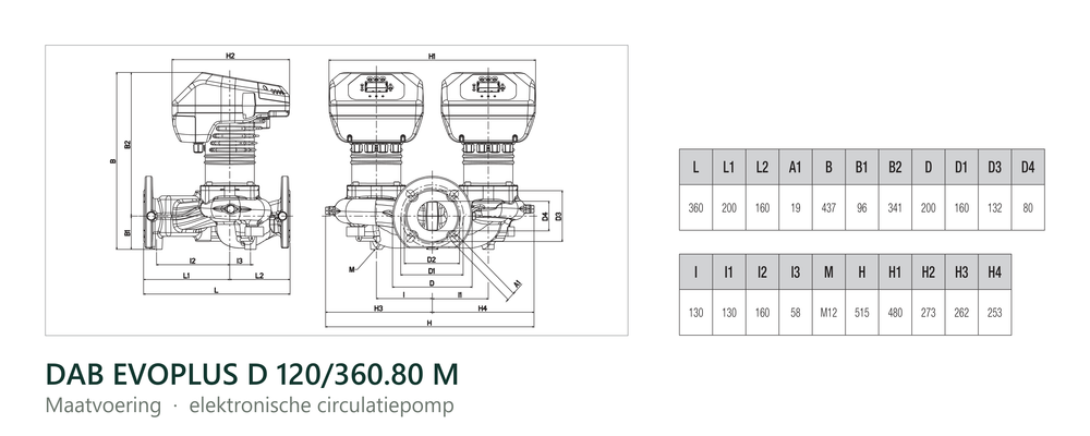 Maatvoering en aansluitmaten van de DAB EVOPLUS D 120/360.80 M