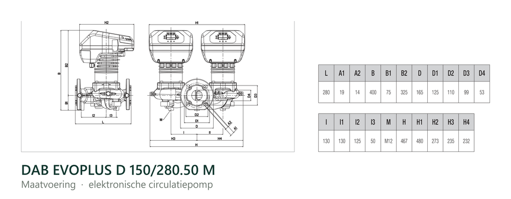 Maatvoering en aansluitmaten van de DAB EVOPLUS D 150/280.50 M