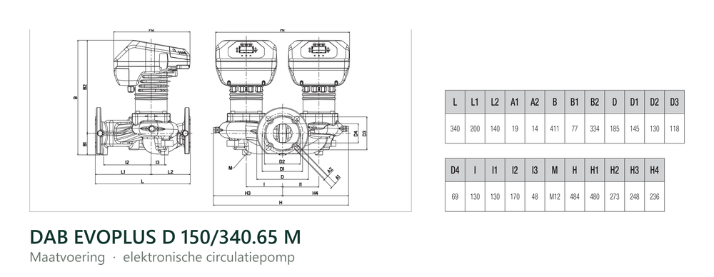 Maatvoering en aansluitmaten van de DAB EVOPLUS D 150/340.65 M