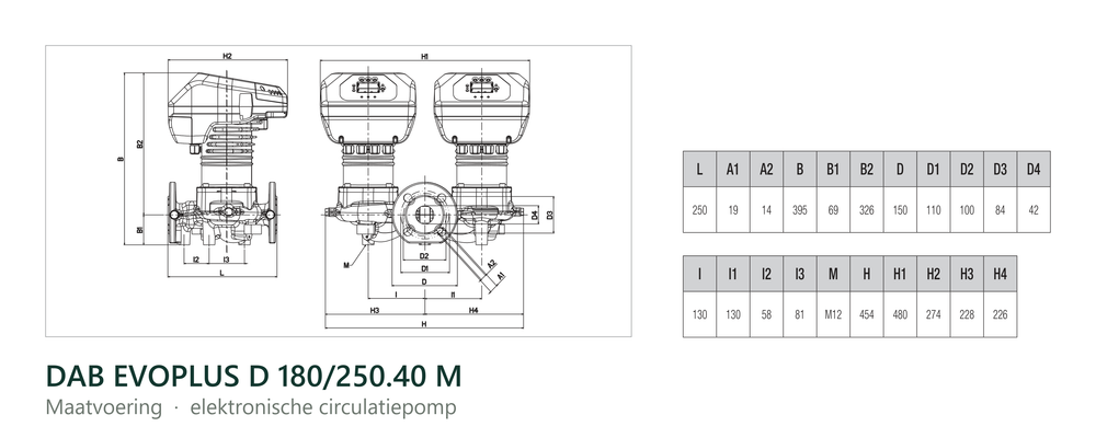 Maatvoering en aansluitmaten van de DAB EVOPLUS D 180/250.40 M