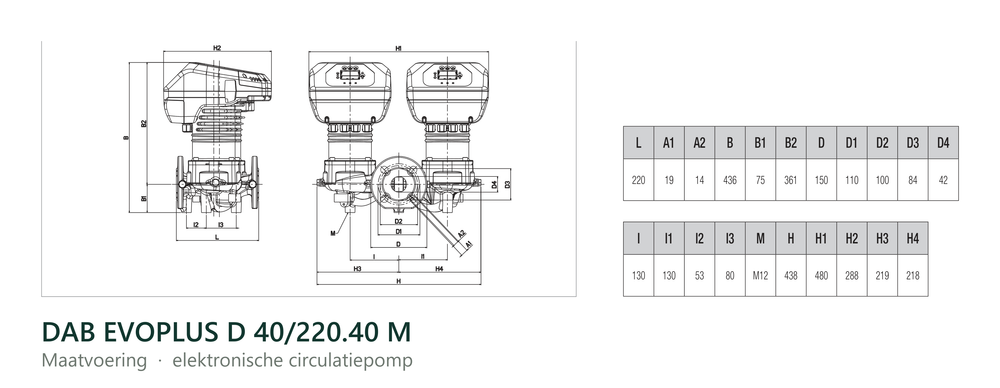 Maatvoering en aansluitmaten van de DAB EVOPLUS D 40/220.40 M