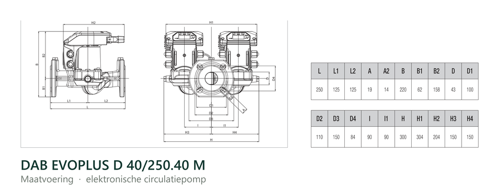 Maatvoering en aansluitmaten van de DAB EVOPLUS D 40/250.40 M