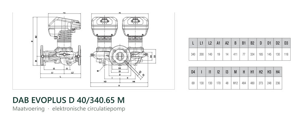 Maatvoering en aansluitmaten van de DAB EVOPLUS D 40/340.65 M