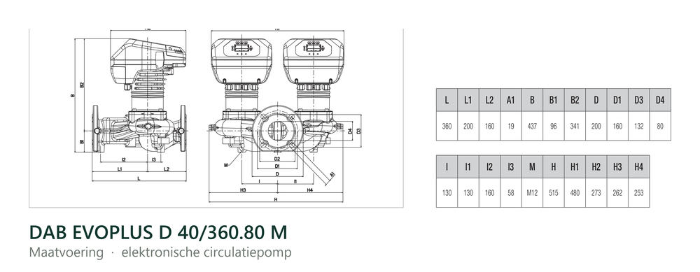 Maatvoering en aansluitmaten van de DAB EVOPLUS D 40/360.80 M