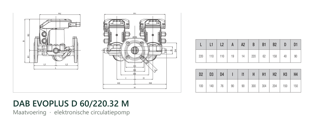 Maatvoering en aansluitmaten van de DAB EVOPLUS D 60/220.32 M