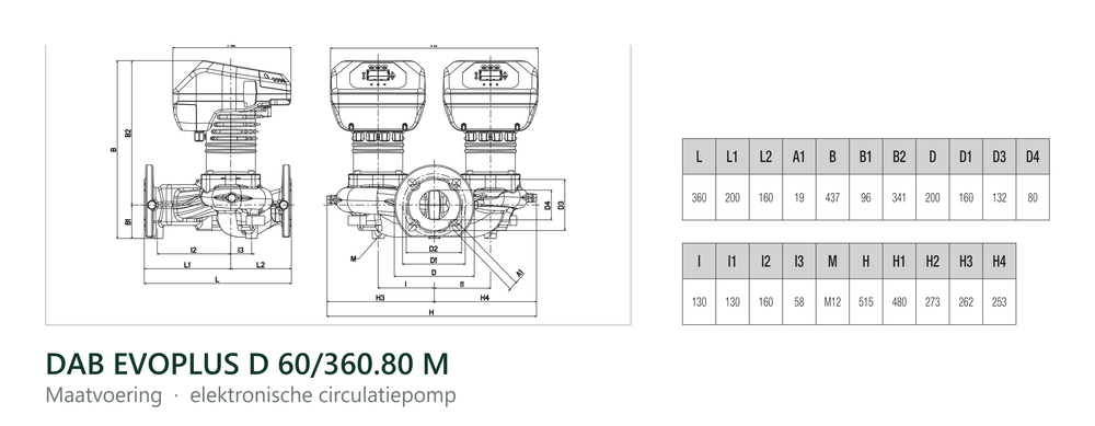 Maatvoering en aansluitmaten van de DAB EVOPLUS D 60/360.80 M