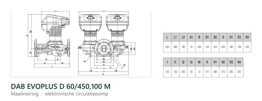 Maatvoering en aansluitmaten van de DAB EVOPLUS D 60/450,100 M
