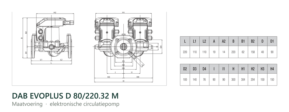 Maatvoering en aansluitmaten van de DAB EVOPLUS D 80/220.32 M