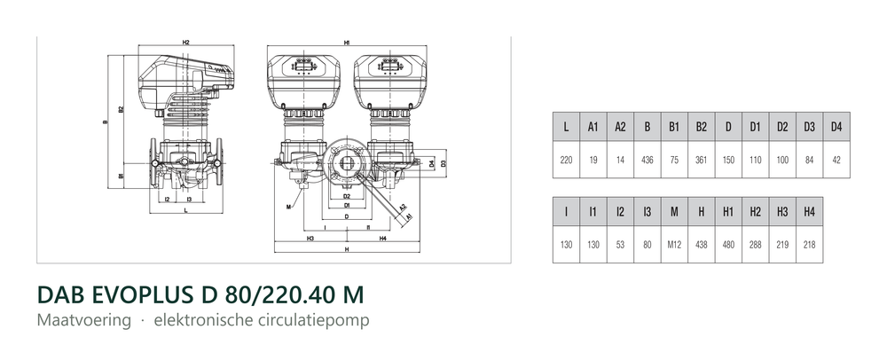 Maatvoering en aansluitmaten van de DAB EVOPLUS D 80/220.40 M