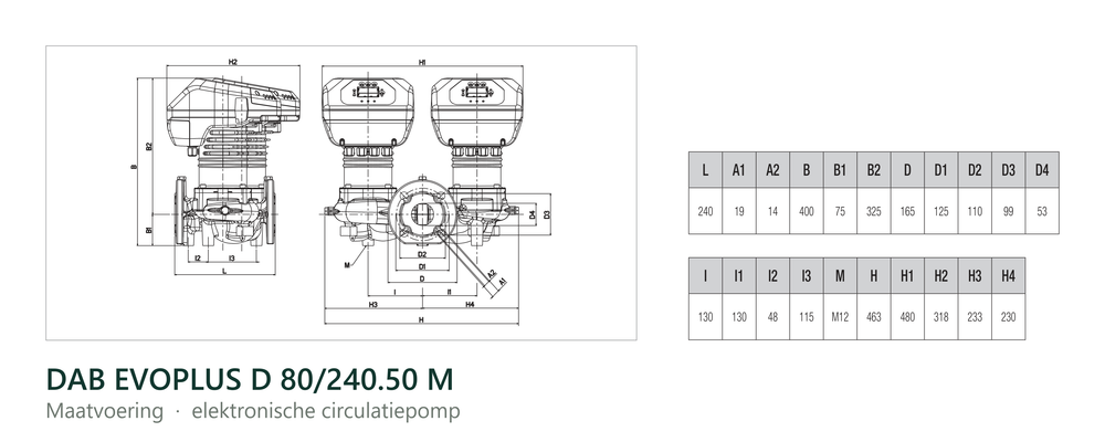 Maatvoering en aansluitmaten van de DAB EVOPLUS D 80/240.50 M