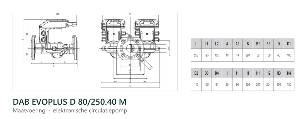 Maatvoering en aansluitmaten van de DAB EVOPLUS D 80/250.40 M